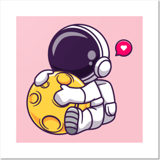 Cute Astronaut Hugging Moon Cartoon Posters and Art